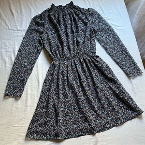 The East Order navy floral ruffle smock neck long sleeve‎ mini dress